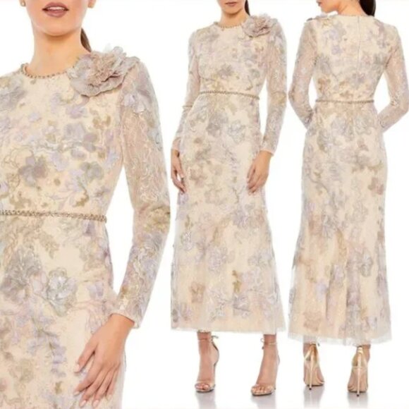 MAC DUGGAL 11329 EMBELLISHED HIGH NECK LONG SLEEVE NUDE DRESS 4 - Picture 1 of 5